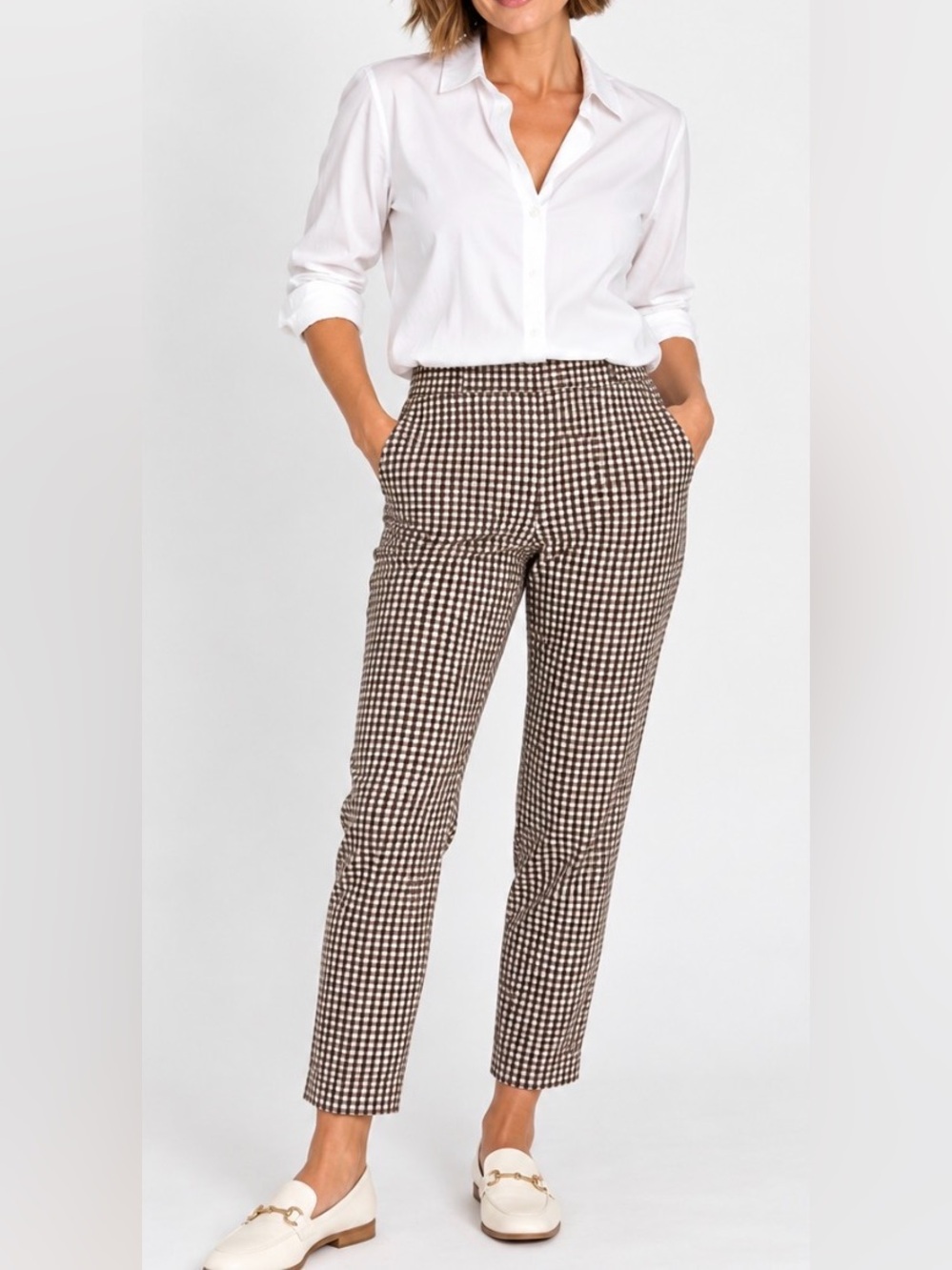 Theory Pants Pullon Ankle Fall Gingham Plaid Houndstooth Brown Cream Crop